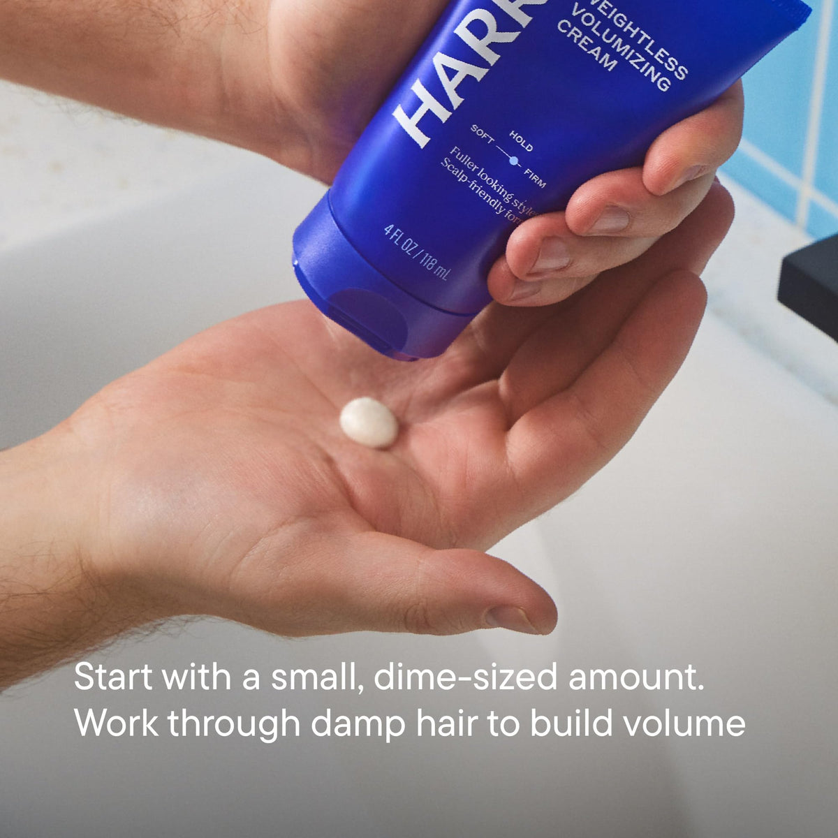 Harry's cream in hand sized comparison to show small amount needed and control