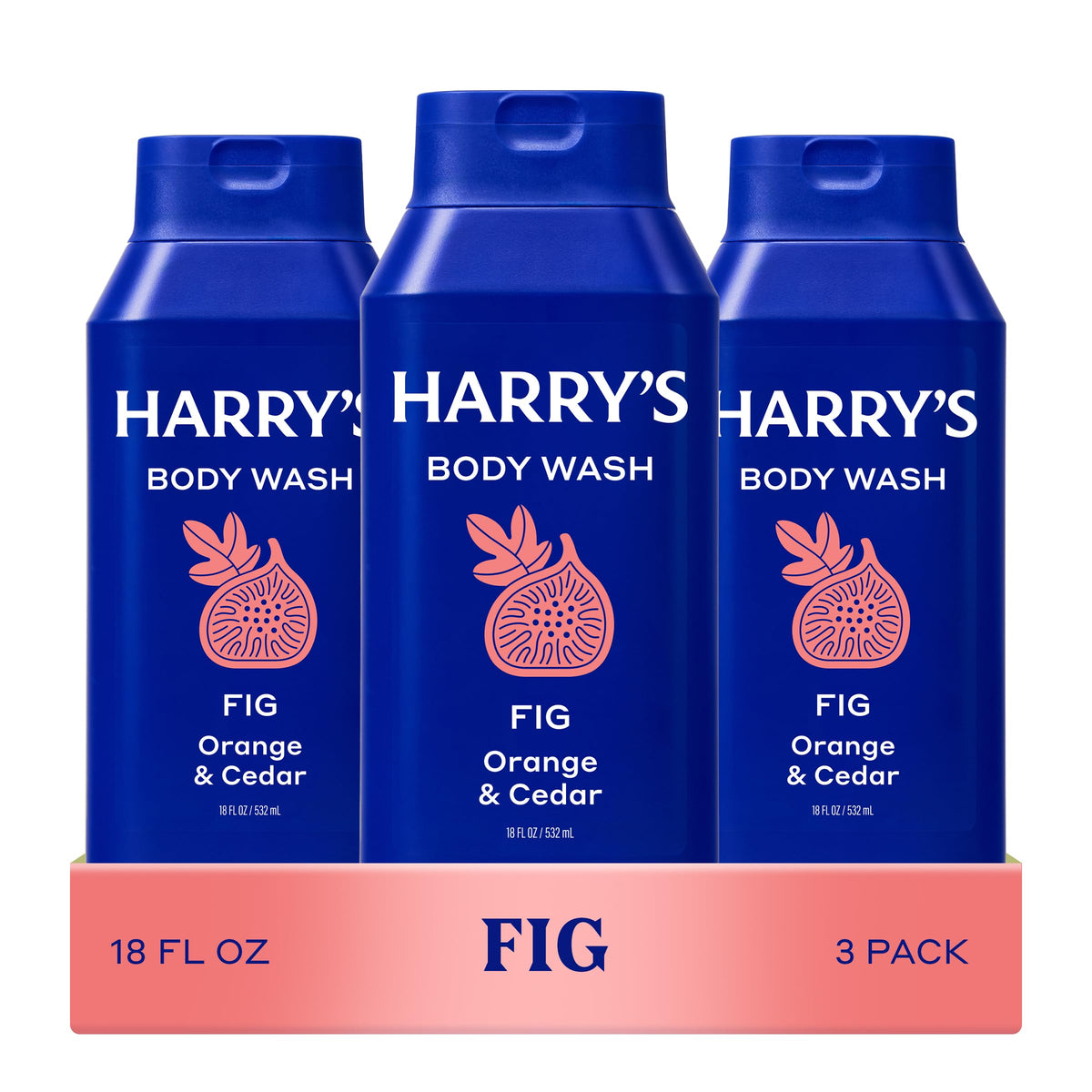 Harry's front packaging showing three 18 fl oz bottles and clear label benefit