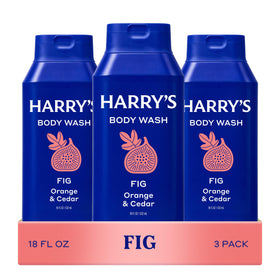 Harry's front packaging showing three 18 fl oz bottles and clear label benefit