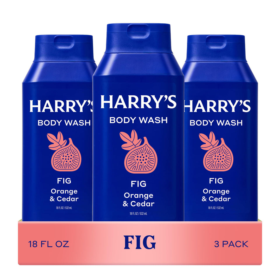 Harry's front packaging showing three 18 fl oz bottles and clear label benefit