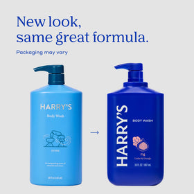 Harry's pump dispensing body wash highlighting easy one-handed use benefit