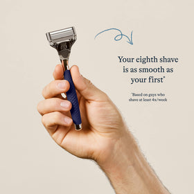 Harry's five-blade cartridge close-up showing precise blade alignment for smooth shaves