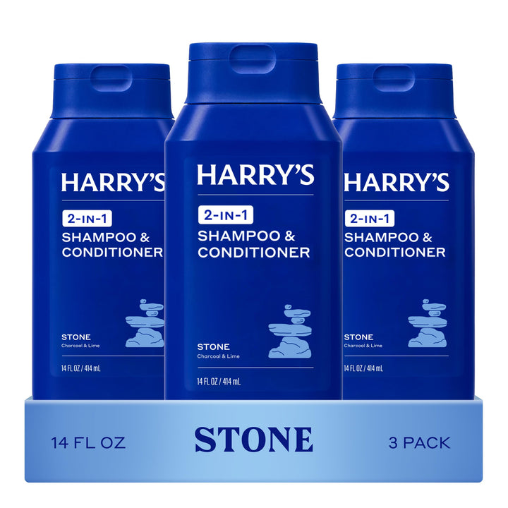 Harry's front packaging of Stone 2‑in‑1 shows clear labeling and benefits