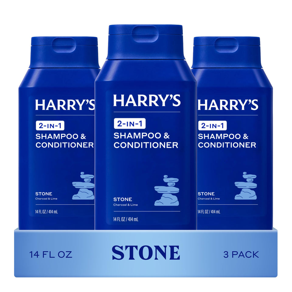 Harry's front packaging of Stone 2‑in‑1 shows clear labeling and benefits