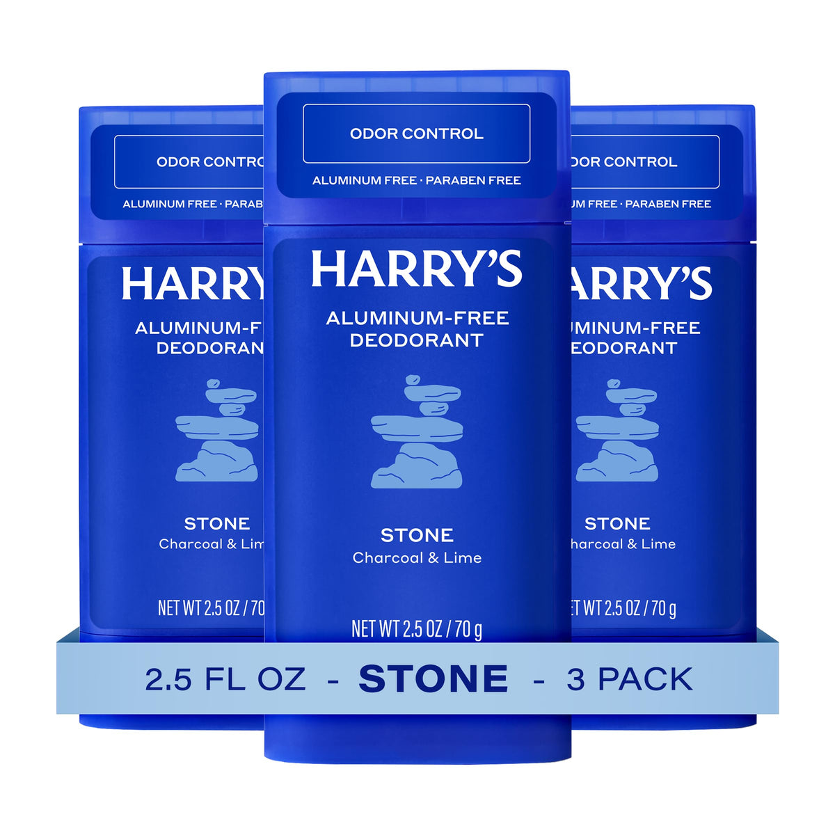 Harry's front packaging showing three Stone deodorant sticks and pack benefit