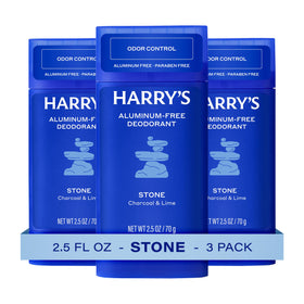 Harry's front packaging showing three Stone deodorant sticks and pack benefit