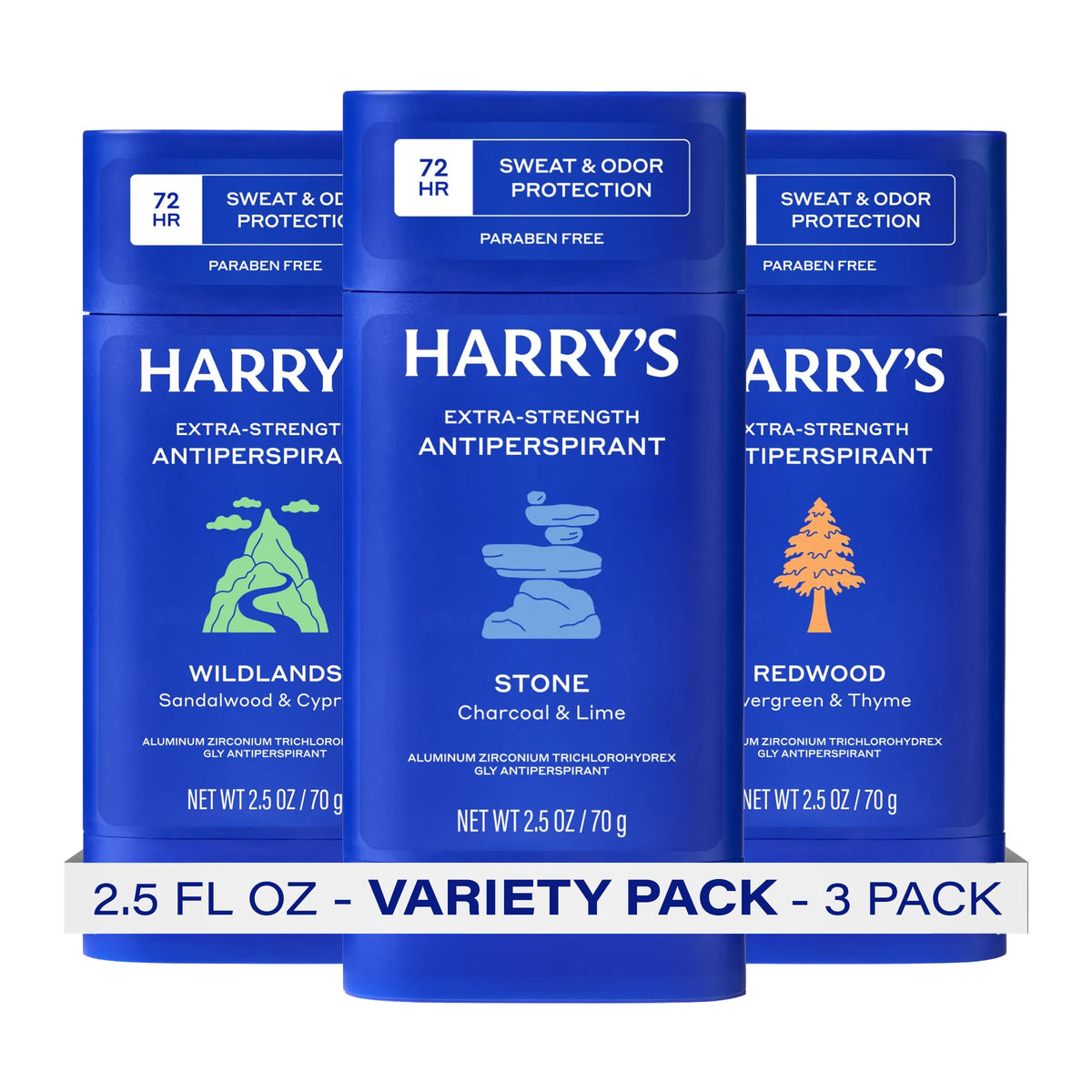 Harry's front pack showing three scent sticks and clear brand benefit