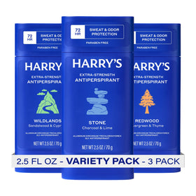 Harry's front pack showing three scent sticks and clear brand benefit