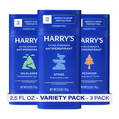 Harry's front pack showing three scent sticks and clear brand benefit