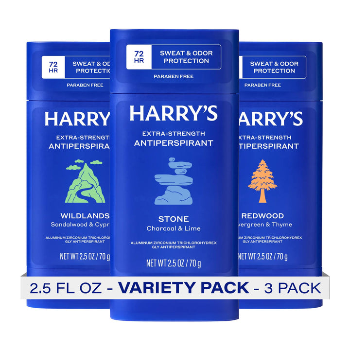 Harry's front pack showing three scent sticks and clear brand benefit