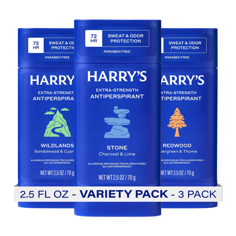 Harry's front pack showing three scent sticks and clear brand benefit