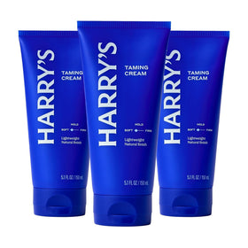 Harry's front packaging taming cream shows container and clear benefit of controlled styling