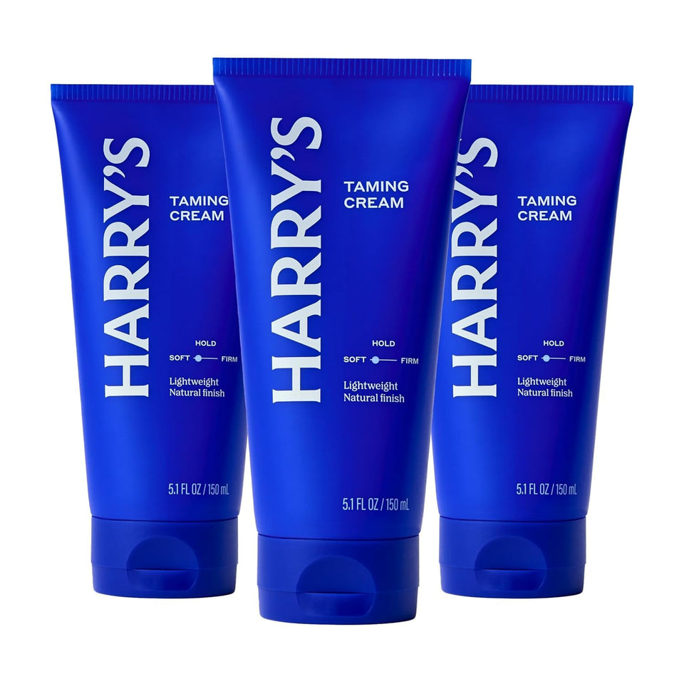 Harry's front packaging taming cream shows container and clear benefit of controlled styling