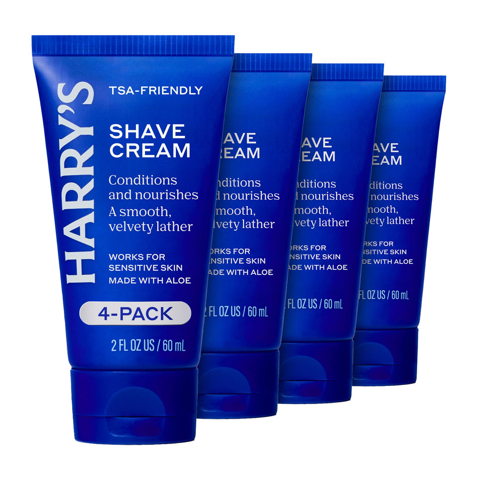 Harry's front packaging four-pack with clear TSA-approved sizes and travel benefit