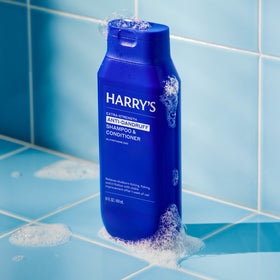 Harry's label close-up highlighting 2% pyrithione zinc active ingredient for scalp relief
