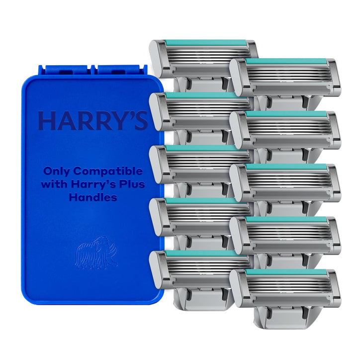 Harry's front packaging showing ten refill cartridges for convenience