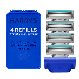 Harry's front packaging showing four refill cartridges and travel cover for convenience