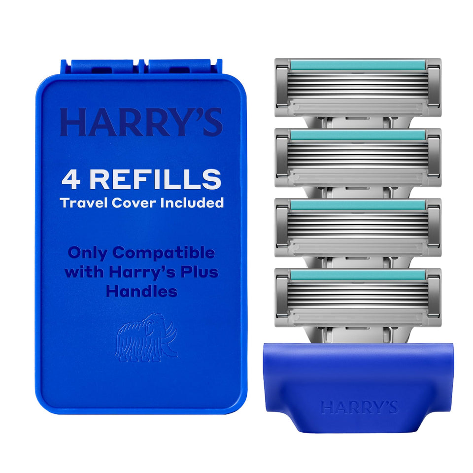 Harry's front packaging showing four refill cartridges and travel cover for convenience