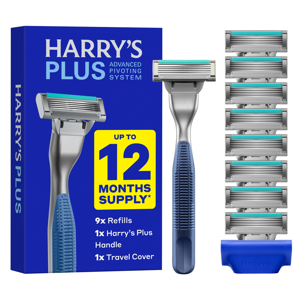 Harry's plus front packaging showing razor and refills for long-lasting shaves