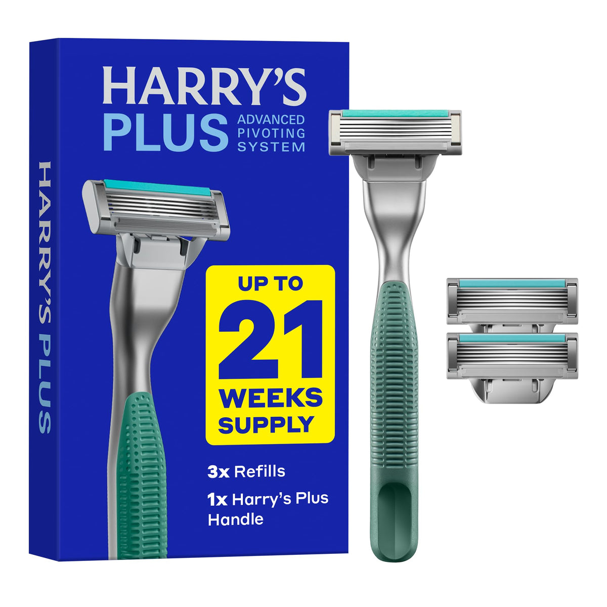 Harry's moss metal handle front view showing premium weight and balance
