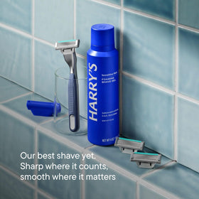 Harry's push-button eject detail for quick and hygienic cartridge swaps