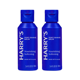 Harry's front packaging view showing soothing aftershave balm and travel benefit
