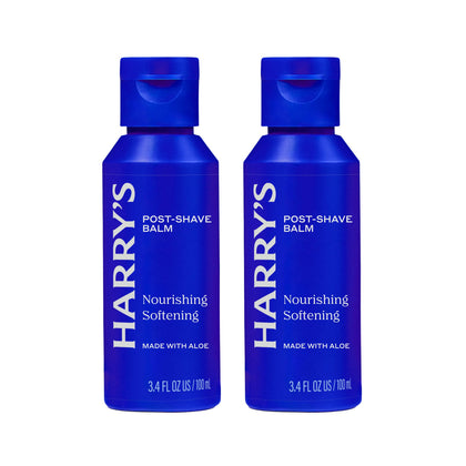 Harry's front packaging view showing soothing aftershave balm and travel benefit