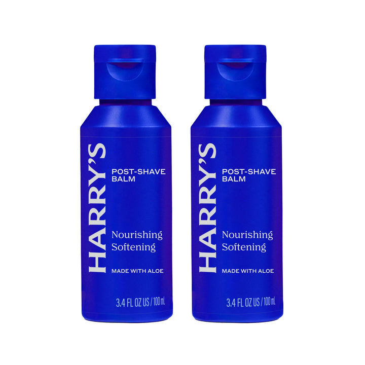 Harry's front packaging view showing soothing aftershave balm and travel benefit