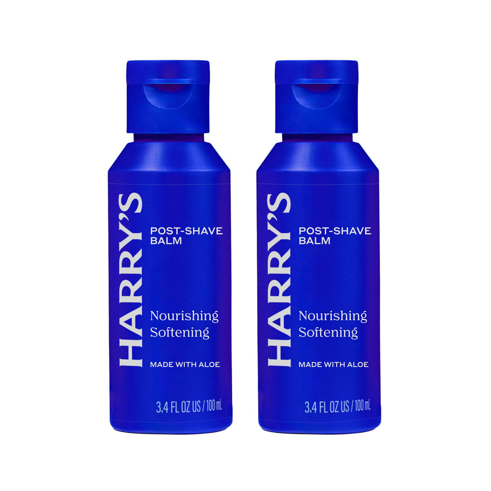 Harry's front packaging view showing soothing aftershave balm and travel benefit
