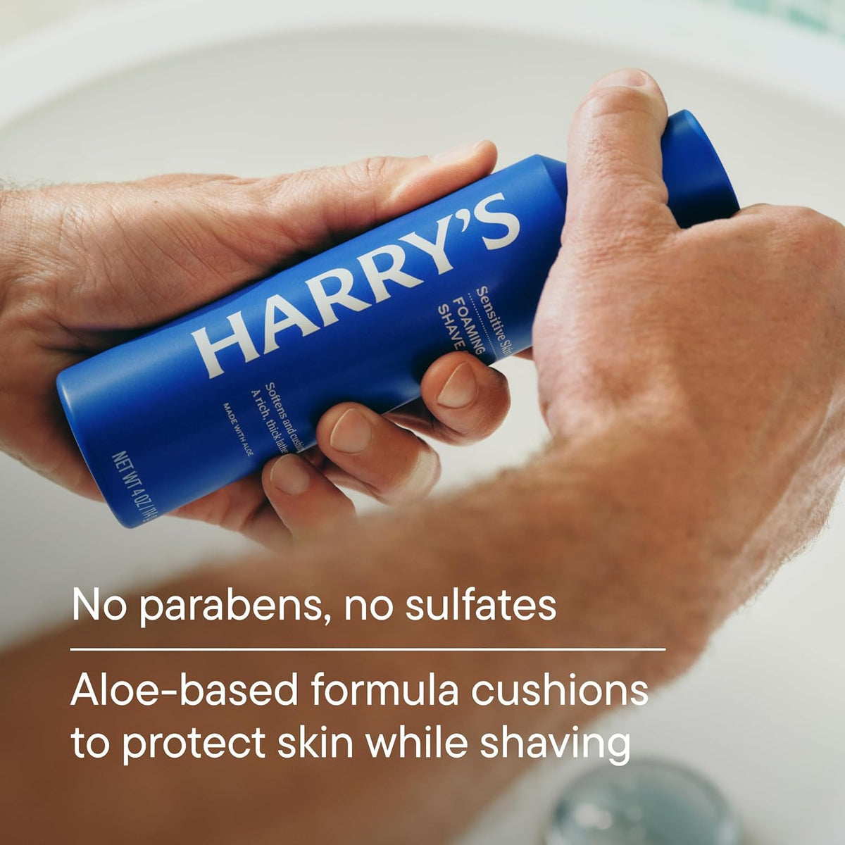 Harry's razor in use with foam demonstrating clean glide and comfortable shave