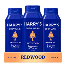 Harry's front bottle view showing Redwood scent and practical packaging benefit