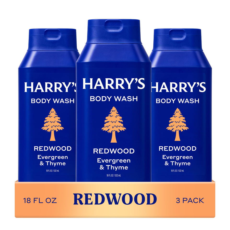 Harry's front bottle view showing Redwood scent and practical packaging benefit