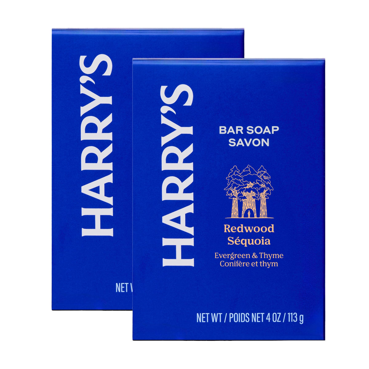 Harry's front packaging showing two Redwood bars and scent benefit
