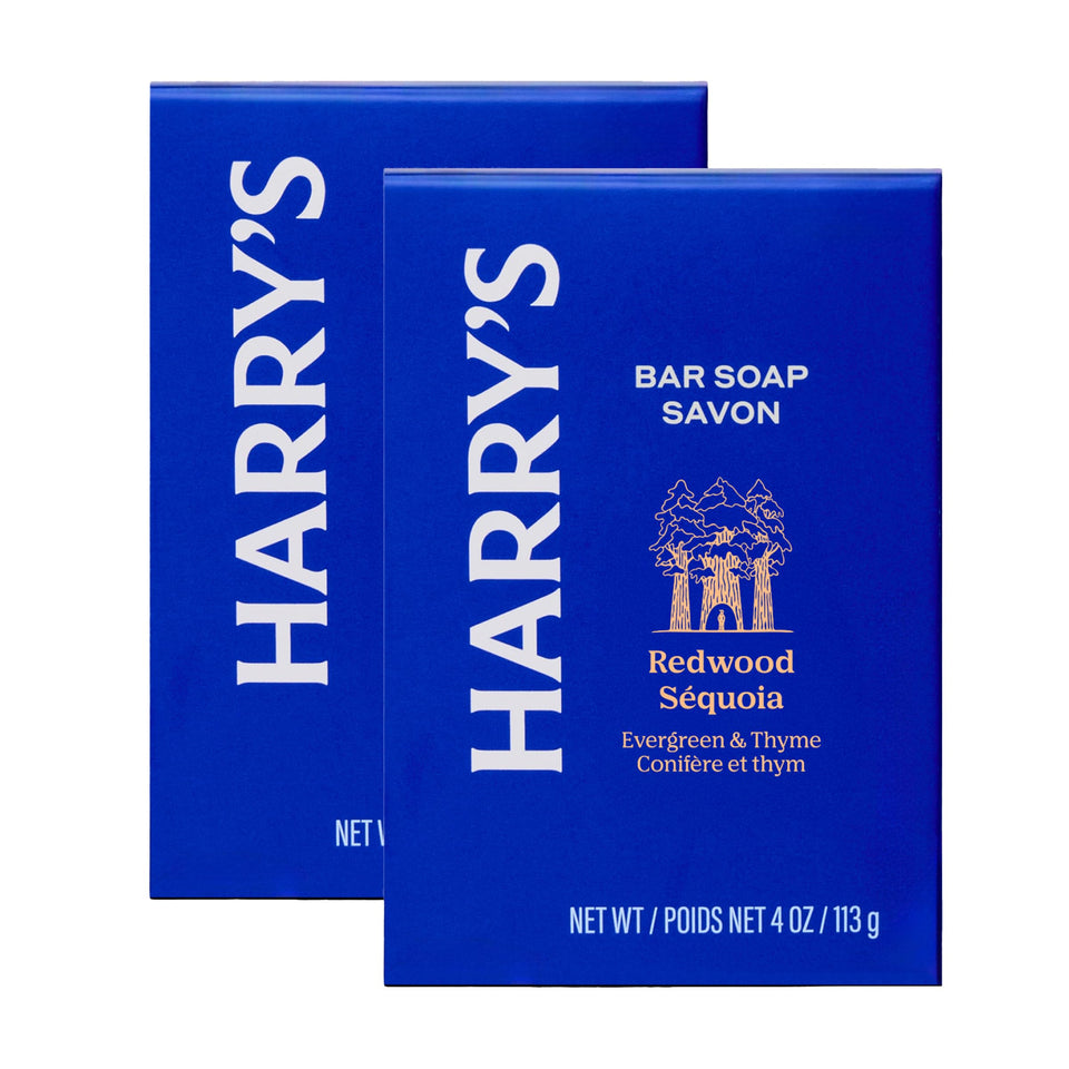 Harry's front packaging showing two Redwood bars and scent benefit