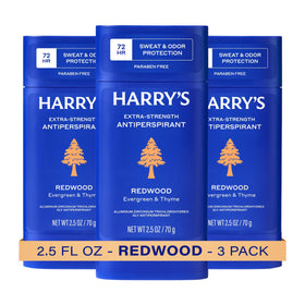 Harry's Redwood front packaging showing three sticks and clear labeling, conveying long-lasting protection
