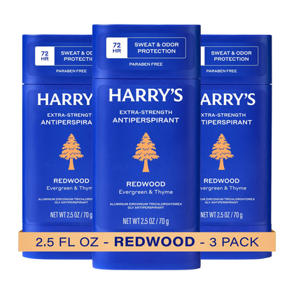 Harry's Redwood front packaging showing three sticks and clear labeling, conveying long-lasting protection