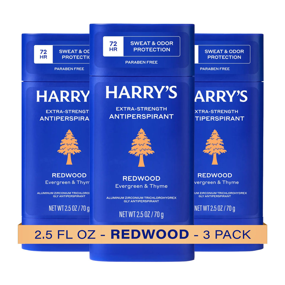Harry's Redwood front packaging showing three sticks and clear labeling, conveying long-lasting protection