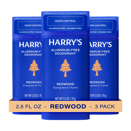 Harry's front packaging showing Redwood scent and benefits