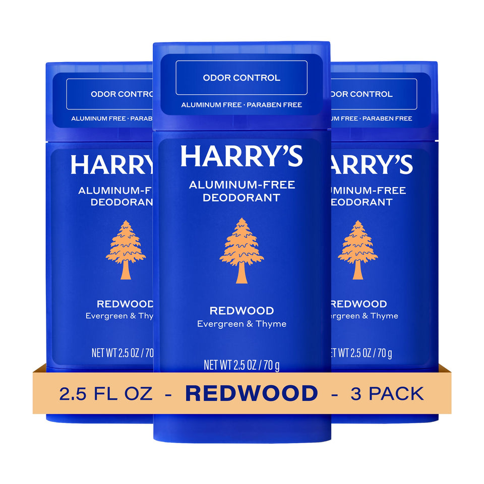 Harry's front packaging showing Redwood scent and benefits