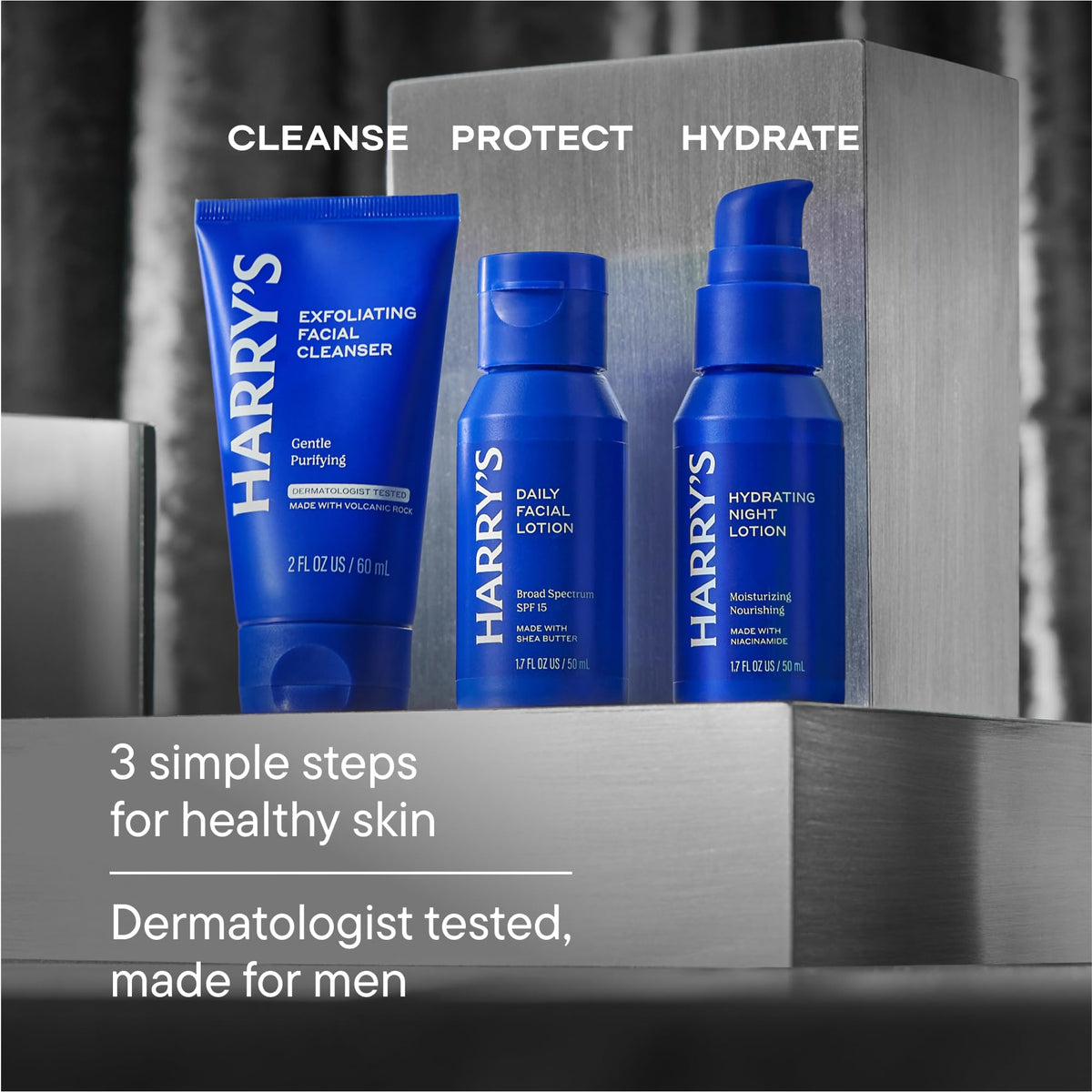 Harry's product size comparison in hand demonstrating compact travel-friendly 2 oz bottles