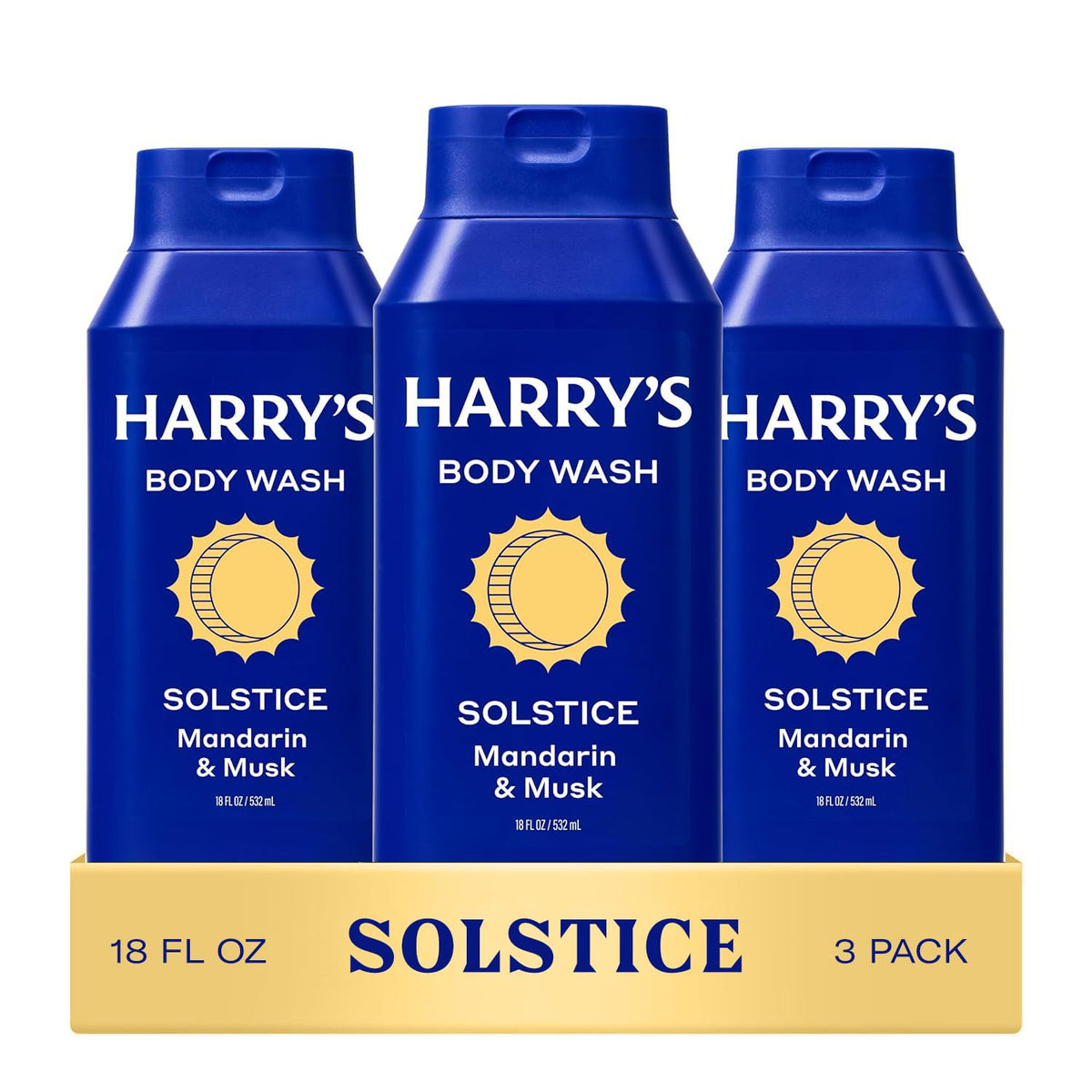 Harry's front bottle showing Solstice scent and clean design for quick identification