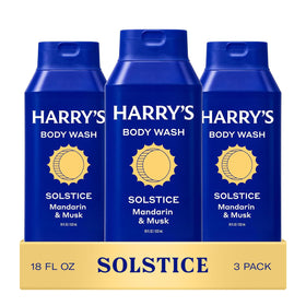 Harry's front bottle showing Solstice scent and clean design for quick identification