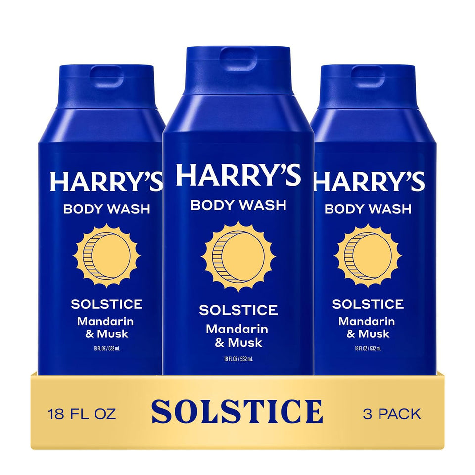 Harry's front bottle showing Solstice scent and clean design for quick identification