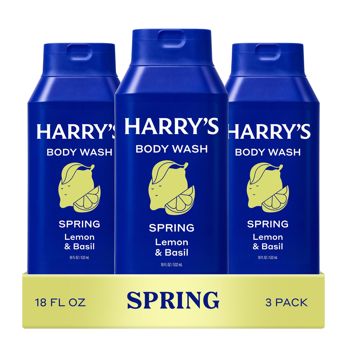 Harry's front packaging showing three 18 fl oz bottles and clear product benefit