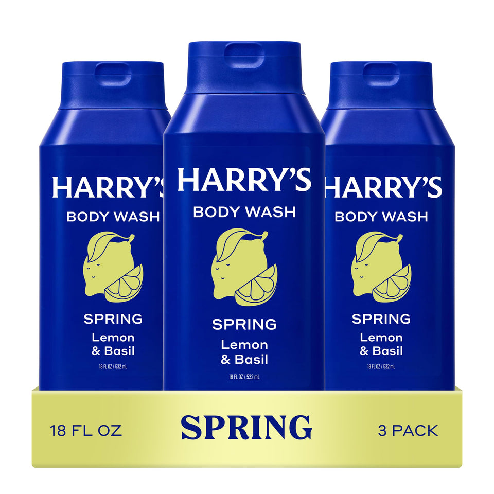 Harry's front packaging showing three 18 fl oz bottles and clear product benefit