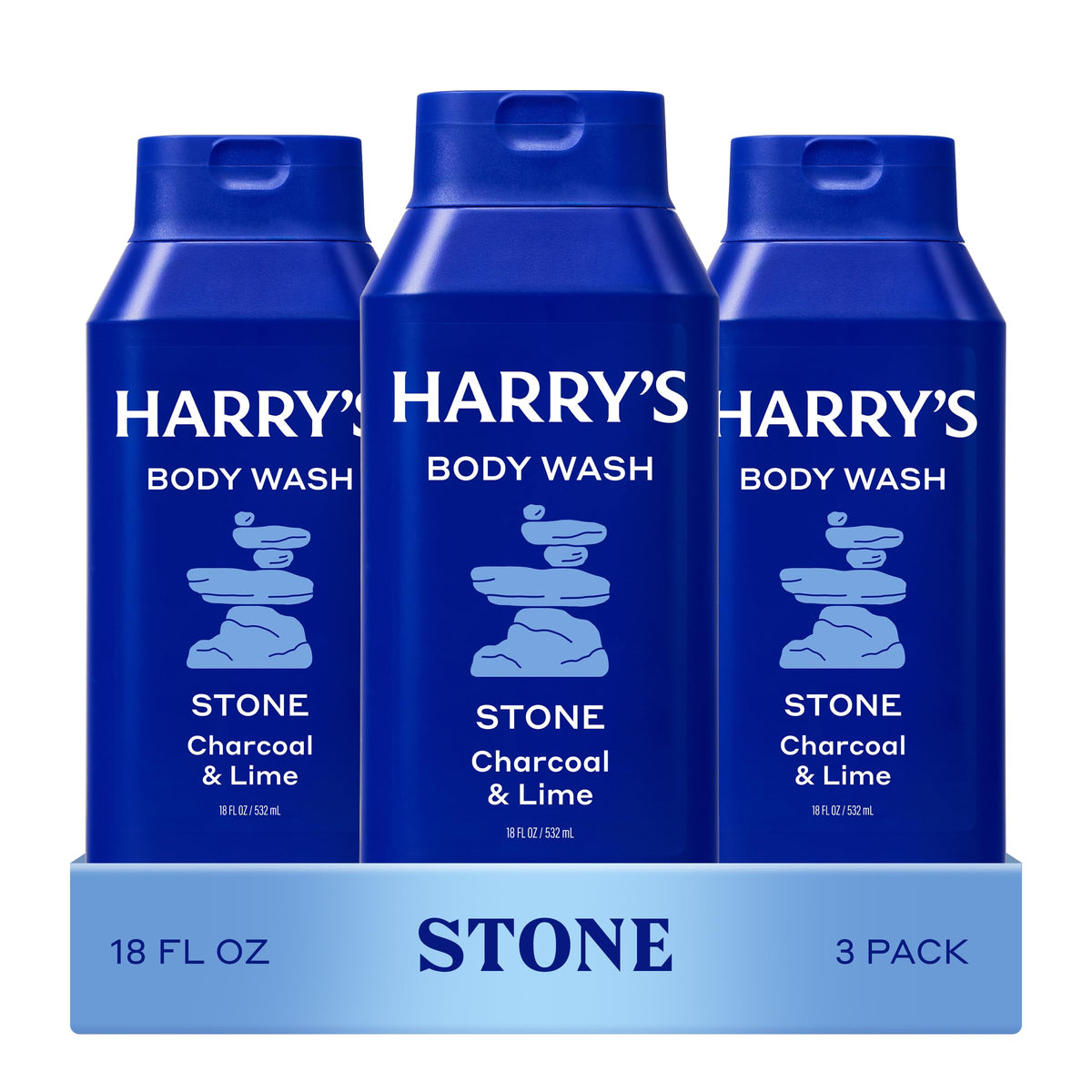 Harry's front packaging showing Stone body wash and clear sizing benefit