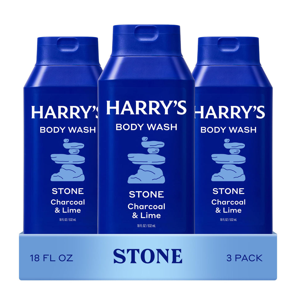 Harry's front packaging showing Stone body wash and clear sizing benefit