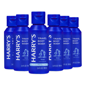 Harry's Stone front packaging showing six travel bottles and clean design benefit