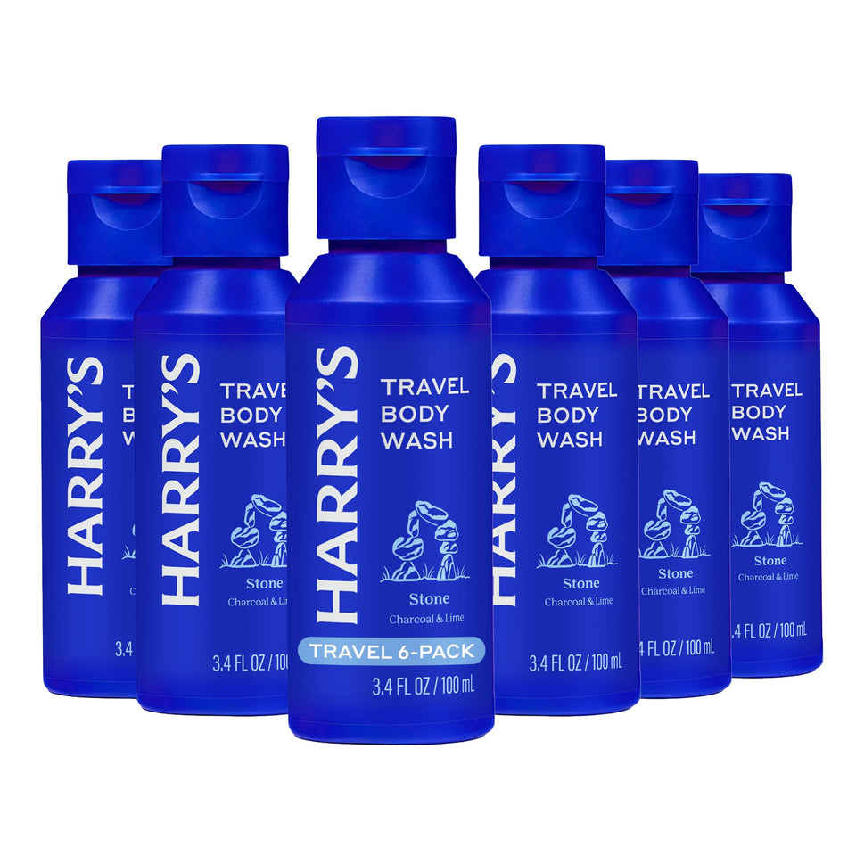 Harry's Stone front packaging showing six travel bottles and clean design benefit