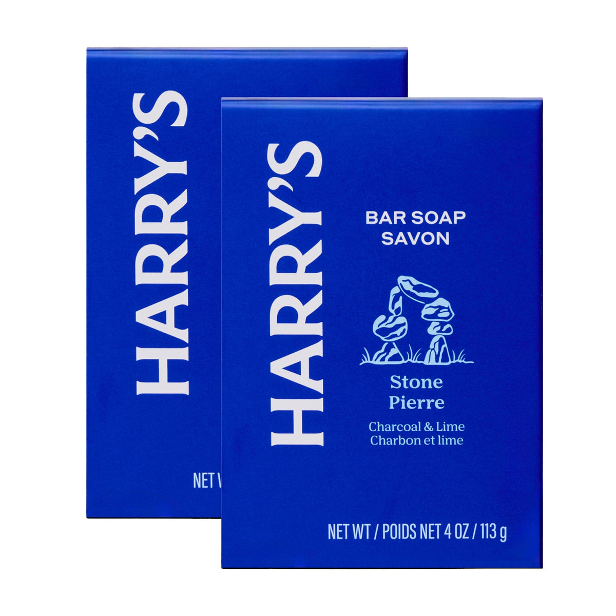 Harry's front packaging showing Stone scent and two bars for easy selection